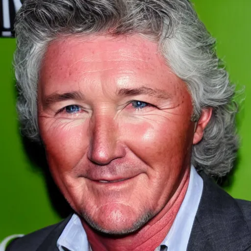 Prompt: patrick duffy with very long length straight grey hair wearing a white shirt