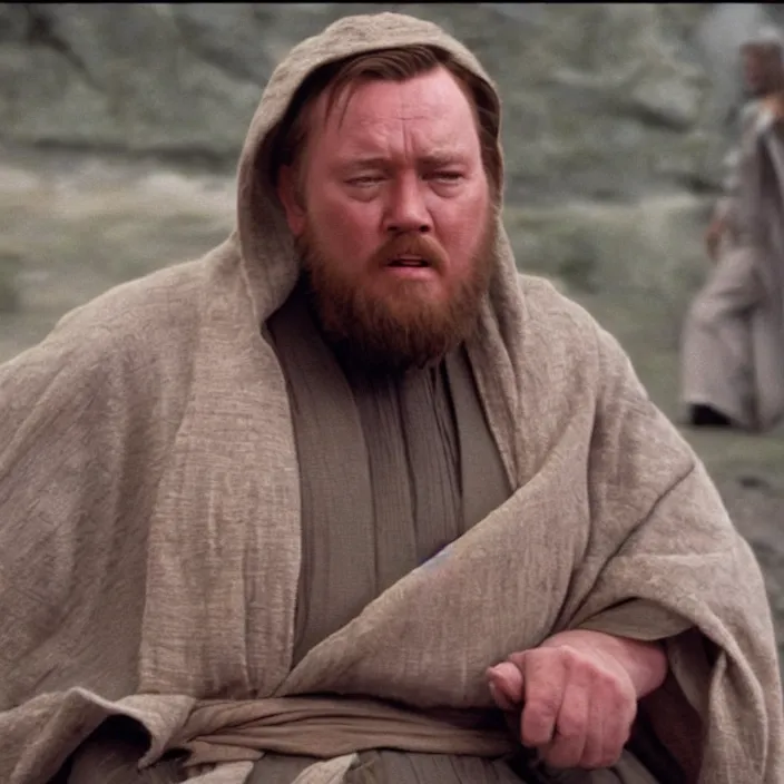 Image similar to obi wan kenobi but obese!! and overweight, photoralistic rendering, movie still, screenshot, hyperdetailed