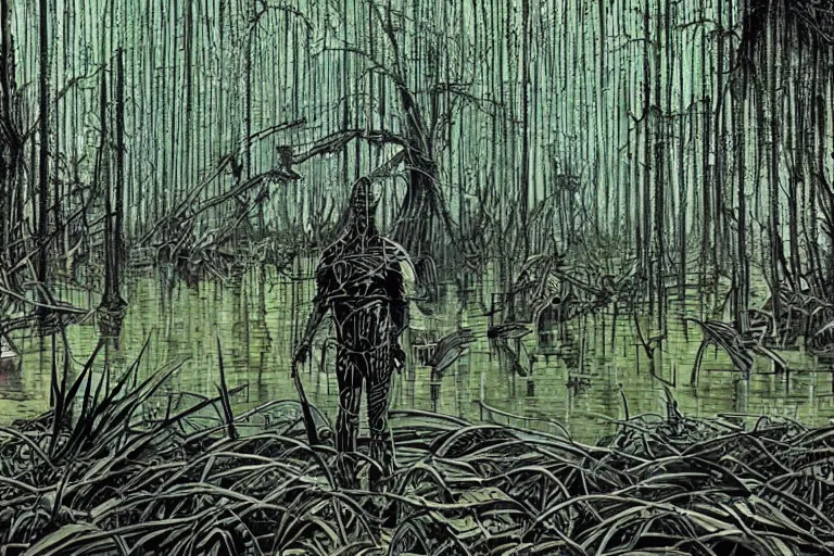 Image similar to scene from louisiana swamps, true detective, artwork by philippe druillet