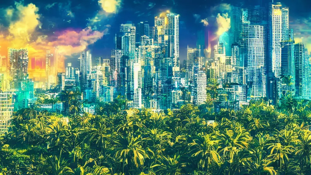 Image similar to golden city in a vaporwave jungle, 4k, ultra realistic, award winning photograph