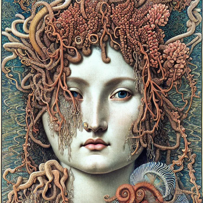 Prompt: realistic detailed face portrait of the goddess of the deep waters with an intricate headdress of corals, sea kelp, sea plants, fish, jellyfish, art by ernst haeckel, john william godward, james jean, face in focus, art nouveau, neo - gothic, gothic, neoclassical,