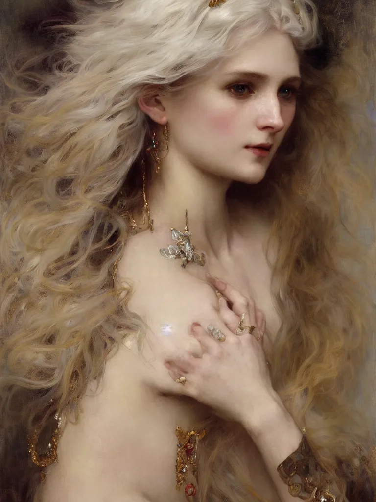 Image similar to a highly detailed beautiful white haired woman, adorned with precious stones and thin gold tendrils, by jeremy mann, by alphonse mucha, by william - adolphe bouguereau, 4 k resolution, trending on artstation, very very detailed, masterpiece, stunning, intricate,