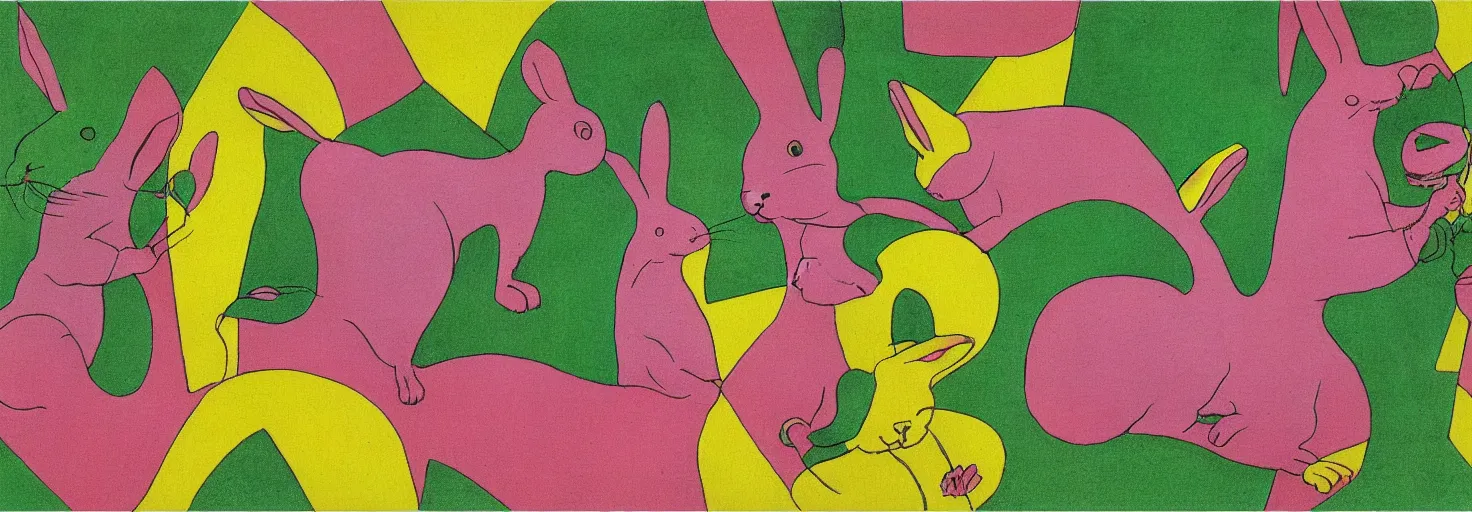 Prompt: a garden filled rabbit shape pink rock, by m. c. escher, yellow, green, red, snowy, ultra sharp, ultra detailed, happy, uplifting, colorized by salvador dali