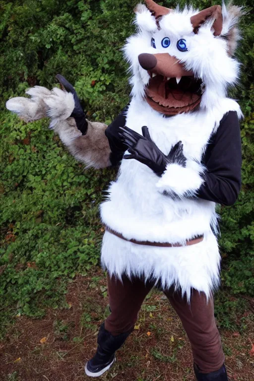 Image similar to an anthropomorphic wolf with a fluffy tail as a fursuit, cosplay