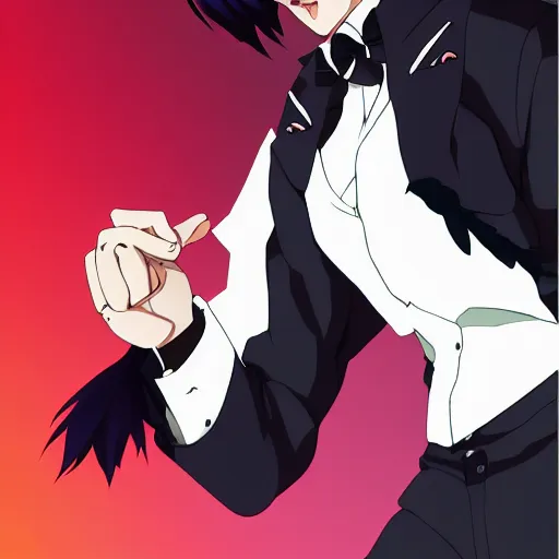 Image similar to key anime visual of a portrait anthropomorphic black male fox anthro furry fursona with long black hairstyle, wearing a wine red business suit, stern menacing male eyes, looking down, modern anime style