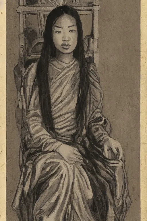 Prompt: portrait by tara phillips of a beautiful young asian woman with shoulder length hair and strong facial bone structure, queen and ruler of the universe, sitting on her throne, men kneeling at her feet