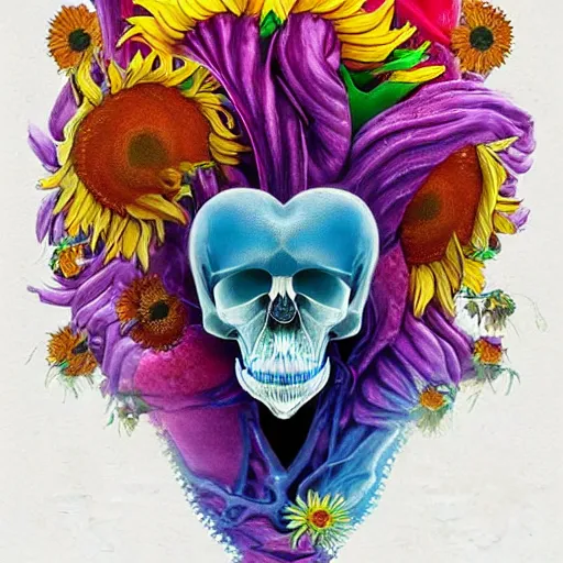 Prompt: a beautiful matte digital illustration by Larisa Novik of an anatomically correct heart bursting out of an anatomically correct skeletal rib-cage and exploding into rainbows and sunflowers, trending on artstation hq