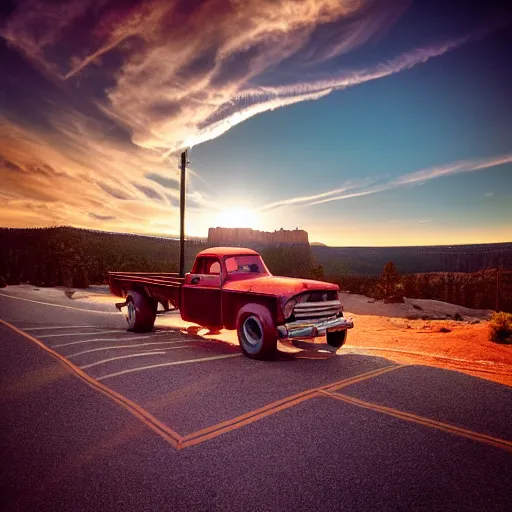 Image similar to sunset light landscape with bryce canyon, lots of sparkling details and sun ray ’ s, blinding backlight, smoke, volumetric lighting, colorful, octane, 3 5 mm, abandoned gas station, old rusty pickup - truck, beautiful epic colored reflections, very colorful heavenly, softlight