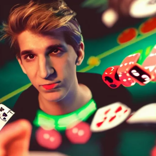 Image similar to film still of xqc gambling in Vegas, 4k, photorealism, artstation style