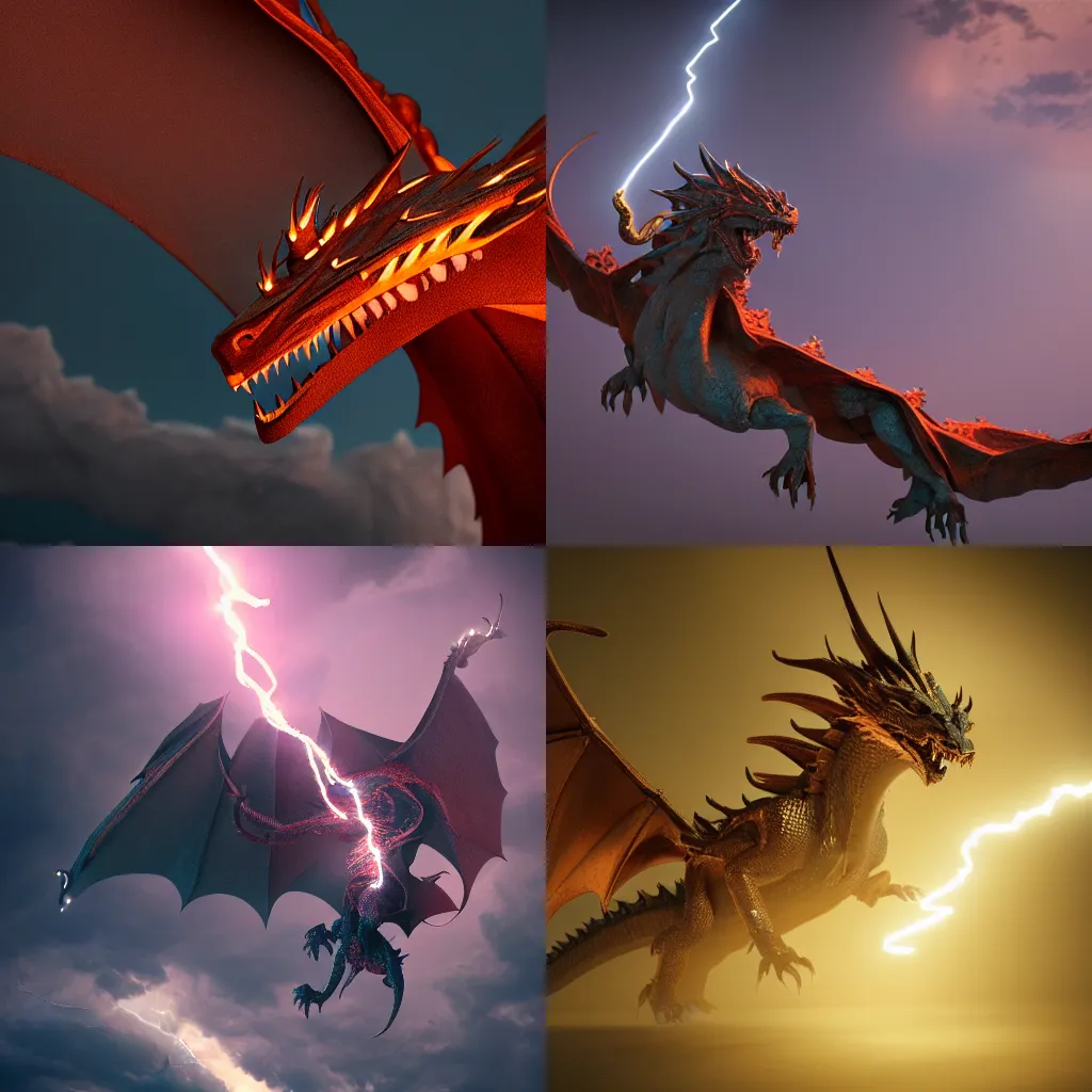 Prompt: a lightning bolt in the form of a dragon. Dramatic lighting. Highly detailed. Octane render.