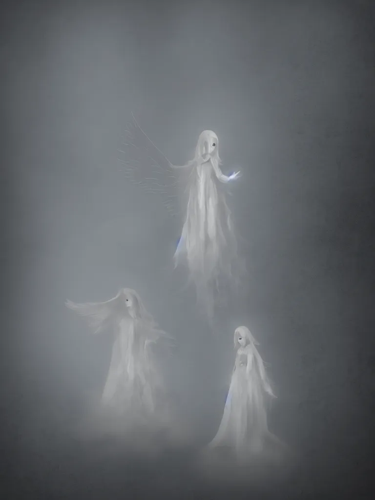 Image similar to cute fumo plush gothic angel maiden girl ghost wraith making an apparition in an abandoned church, wisps of smoke and glowing volumetric fog, vignette, orthographic, vray