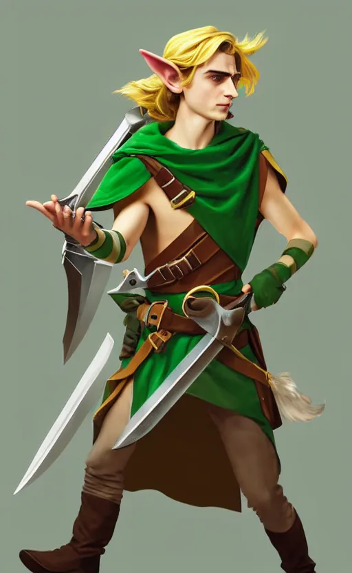 Image similar to Timothee Chalamet as Link from Legend of Zelda, elf ears, long blonde hair, +++ super super super dynamic posing, j.c. leyendecker, Valentina Remenar, thick eyebrows, super serious facial expression, holding a sword & shield, ocarina of time movie, concept photos, dynamic lighting, dynamic shaders