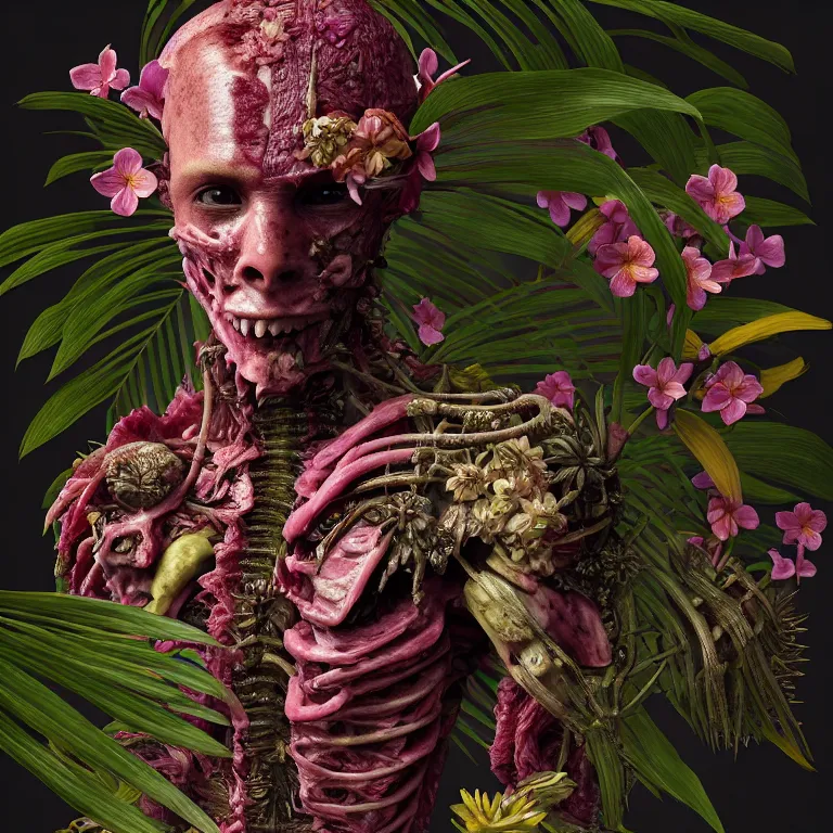 Prompt: portrait of faceless warrior, surrounded by beautiful tropical flowers, tropical fruit, human spine, rotten meat flesh with colorful mold, muscle tissue, spikes, baroque painting, beautiful detailed intricate insanely detailed octane render, 8K artistic photography, photorealistic, chiaroscuro, Raphael, Caravaggio, H.R.Giger, BW digital art