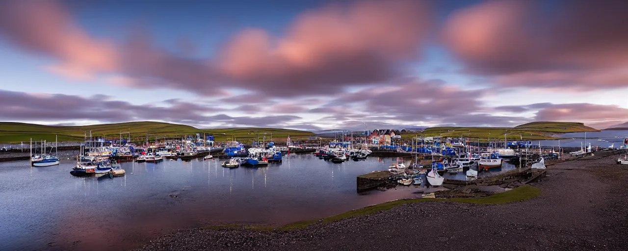 Prompt: a landscape photograph of the harbour at Stromness orkney, by Gregory Crewdson, wide angle, sunset