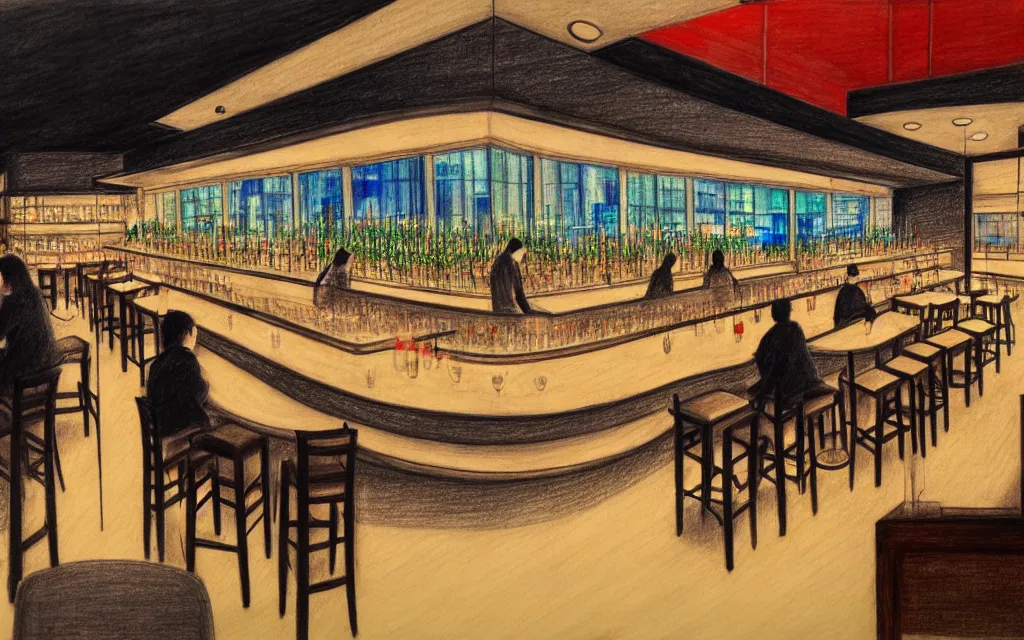 Image similar to feng zhu drawing of loft lounge with tall windows, few people, city in background, bar counter with bartender and few chairs nearby, sparse plants, dim painterly lighting volumetric aquatics, impasto