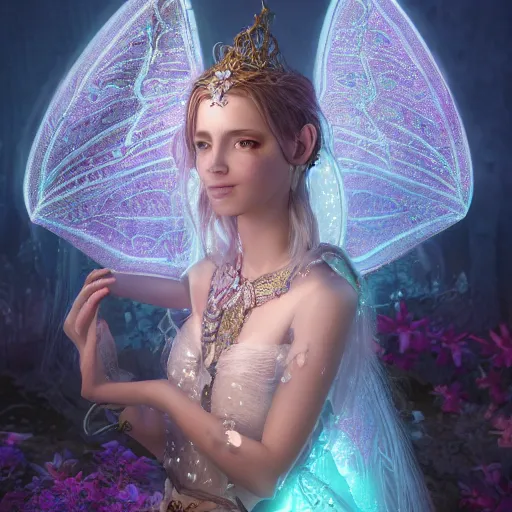 Image similar to portrait of fairy princess, glowing, ornate and intricate jewelry, jaw dropping beauty, glowing background lighting, white accent lighting, hyper detailed, fairy tale, 4 k octane render