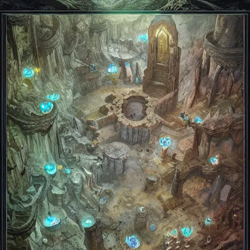 Image similar to dungeon map board concept d & d cave, top shot, desert, dices, vulcanic ground, monument, tribal hollows and build. hyper detailed, fantasy style art, highly detailed, digital painting, artstation, concept art, smooth, sharp focus, illustration, art by artgerm and greg rutkowski and alphonse mucha