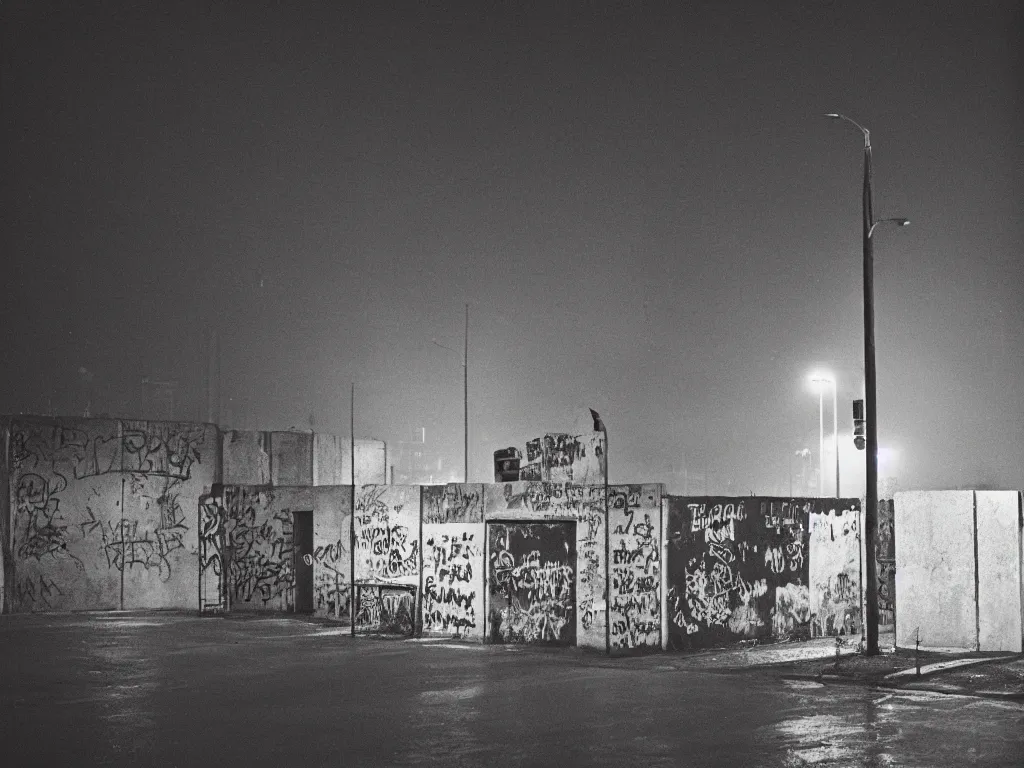 Image similar to “35mm film photography of Berlin Wall, concrete, bright graffiti, barbed wire, patrol towers, armed soldiers, guarded, barrier, heavy rainfall, dim street lights, fog, night, cinestill 800t, grain”