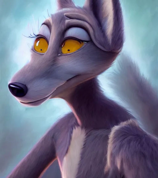 Image similar to oil painting of detailed full body of anthromorphic female wolf, in style of zootopia, zootopia, zootopia, fursona, furry, furaffinity, 4 k, deviantart, furry art, fursona art, wearing black business suit, business suit, in style of zootopia, wolf fursona, cyberpunk, female, expressive detailed feminine face,