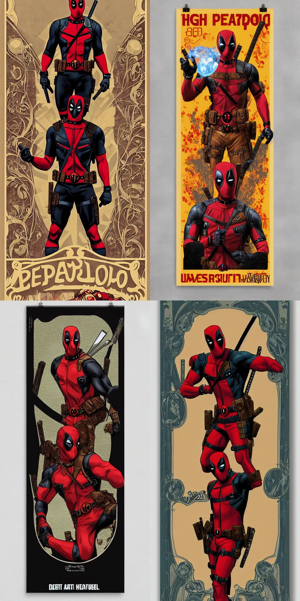 Prompt: art nouveau poster design featuring deadpool, high resolution poster