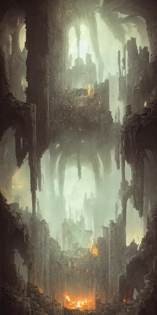 Prompt: Detailed Interior of the Burning Castle Ruins, Embers, Smoke billows, destruction walls, the ashen throne, bats flock, stunning atmosphere, in Style of Peter Mohrbacher, cinematic lighting