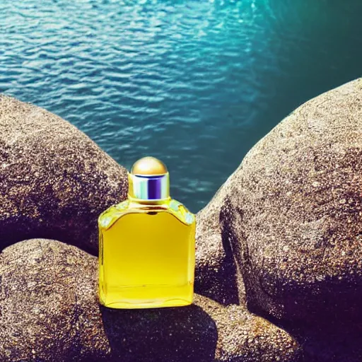 Image similar to perfume bottle on a tropical oasis small rock floating in the reflective blue sea surrounded by plethora of fauna and flora, bright blue skies up close shot, white background, zen, light, modern minimalist f 2 0 clean