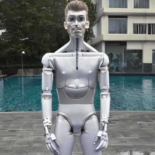 Image similar to made of ice, a realistic detailed photo of a guy who is an attractive humanoid who is half robot and half humanoid, who is a male android, on display, blank stare, showing off his muscles, shiny skin, posing like a statue, by the pool, frozen ice statue, f 1 driver max verstappen, humanoid robot