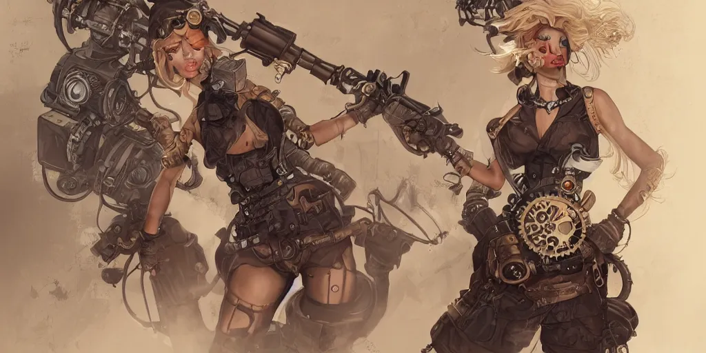 Image similar to steampunk britney spears, character sheet, concept design, contrast, kim jung gi, greg rutkowski, zabrocki, karlkka, jayison devadas, trending on artstation, 8 k, ultra wide angle, pincushion lens effect