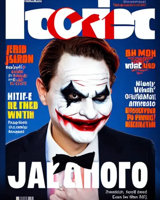 Image similar to portrait photograph of ben shapiro smiling and wearing joker makeup, magazine cover, soft focus, times magazine, 8 k, 3 5 mm, award - winning