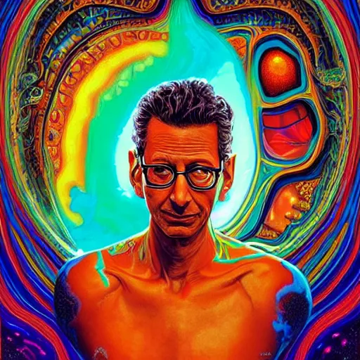 Image similar to Jeff Goldblum an extremely psychedelic experience, colorful, surreal, dramatic lighting, cosmonaut, LSD, face, detailed, intricate, elegant, highly detailed, digital painting, artstation, concept art, smooth, sharp focus, illustration, art by Sam Spratt, Dan Mumford, Artem Demura and Alphonse Mucha