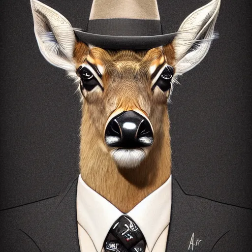 Image similar to a upper body portrait of a deer in a pinstriped suit and pants wearing a fedora with the antlers sticking out of the fedora by artgerm and wlop, intricate detail, digital art, photorealistic, trending on artstation