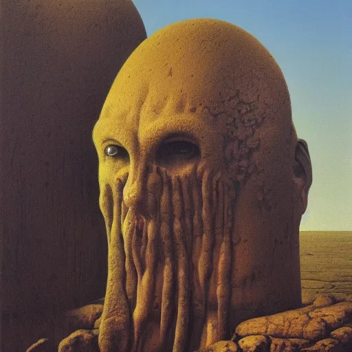 Image similar to the ego separates by zdzisław beksinski, oil on canvas, giant head statue ruins