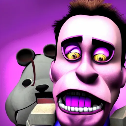 Image similar to Nicholas Cage in Five nights at Freddy's enjoying the purple guy