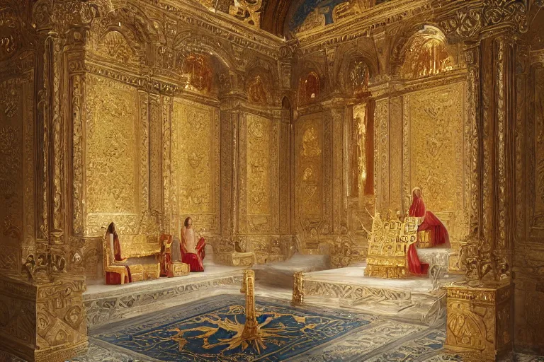 Image similar to byzantine throne room, highly detailed, digital painting, artstation, concept art, sharp focus, illustration, art by artgerm and greg rutkowski