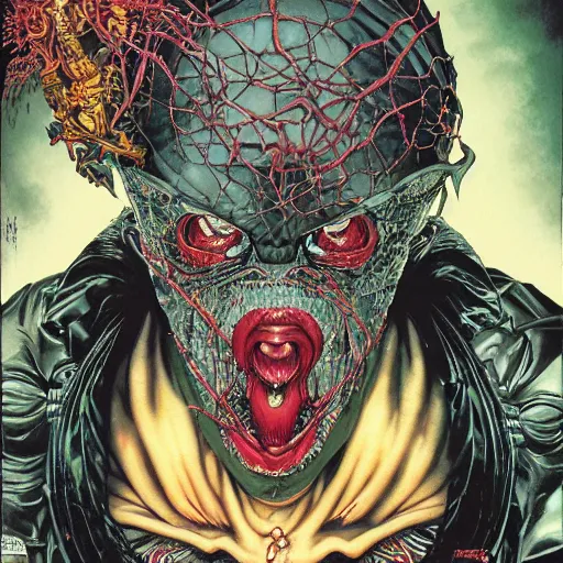 Image similar to portrait of crazy spawn the violator, symmetrical, by yoichi hatakenaka, masamune shirow, josan gonzales and dan mumford, ayami kojima, takato yamamoto, barclay shaw, karol bak, yukito kishiro