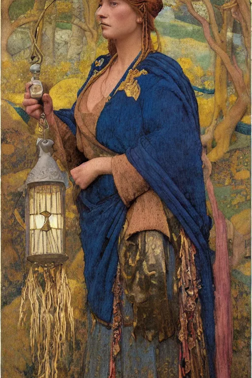 Image similar to portrait of the last queen of the dawn mountains with her lantern and regalia, by Annie Swynnerton and Nicholas Roerich and John Bauer and John William Godward and Donato Giancola and Vermeer, embroidered velvet, iridescent beetles, rich color, ornate headdress, flowing robes, lost runes, ancient civilizations, dramatic cinematic lighting, featured on Artstation, extremely detailed