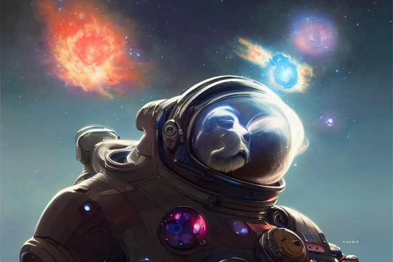 Image similar to portrait of a futuristic bulldog in a spacesuit, a nebula supernova in space, portrait, intricate, digital painting, artstation, concept art, smooth, sharp focus, illustration, cinematic lighting, art by artgerm and greg rutkowski and alphonse mucha