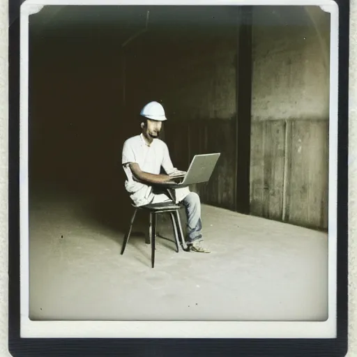 Image similar to a polaroid photo of man using a laptop inside in warehouse, he sitting on chair and small table, he's wearing blue cloth and construction hat, photo from behind, highly details, perfect face shape, cinematic lighting,