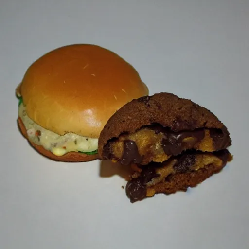 Image similar to a cheeseburger chocolate, chip cookie!!!! bun, food photography, highly detailed, advertisement