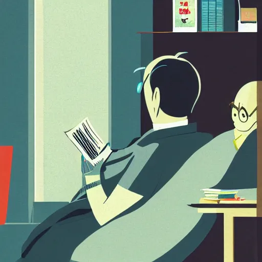 Image similar to old balding japanese man with white shirt, sitting on a chair and reading newspaper while looking at the ceiling of his room with contrastic green lighting by fujita goro, atey ghailan, tom whalen