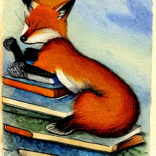 Image similar to a fox sleeping on a pile of books, watercolors from 1 9 2 0