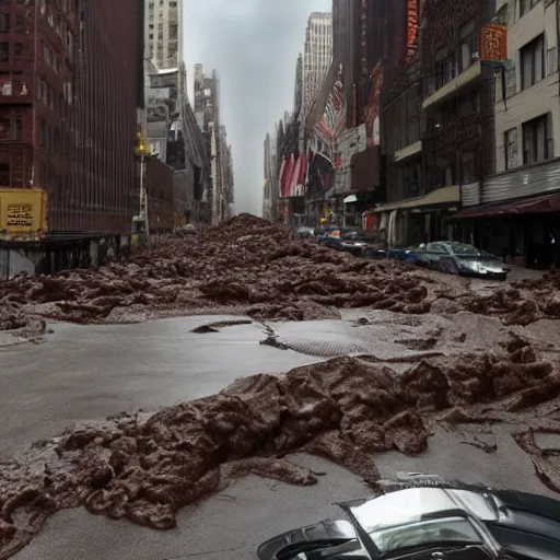 Image similar to tsunami of liquid chocolate on new york, post apocalyptic, cinematic