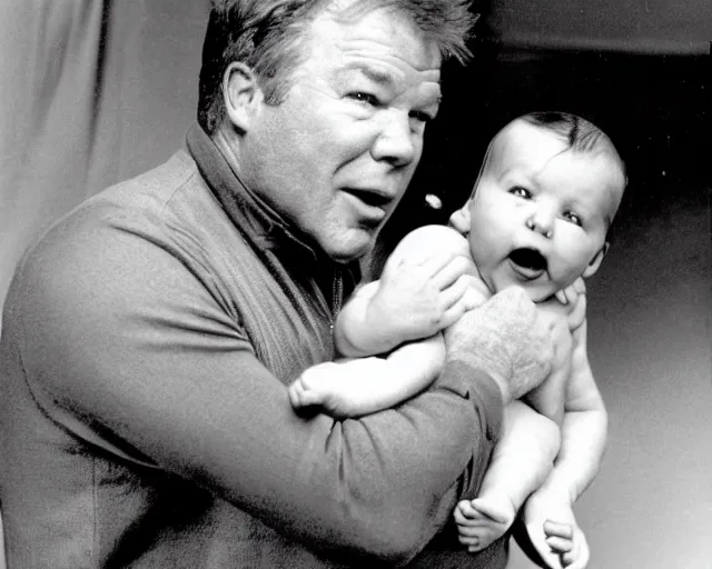 Prompt: william shatner yelling angrily at baby, photograph