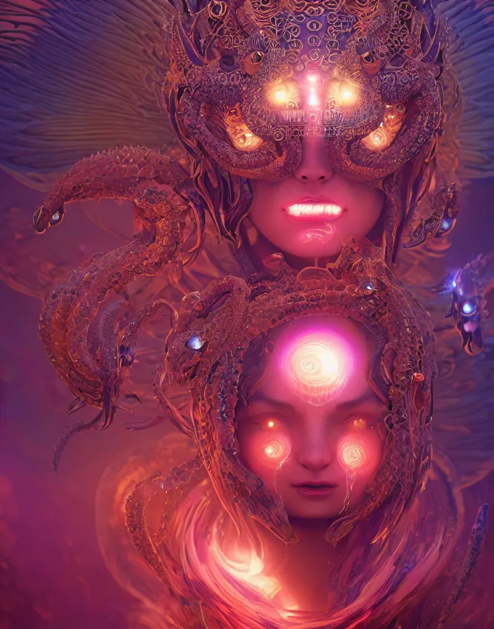 Prompt: demon goddess close-up portrait tribal slavic princess, jellyfish phoenix dragon, butterfly squid, burning halo, intricate artwork by Tooth Wu and wlop and beeple, greg rutkowski, very coherent symmetrical artwork, cinematic, hyper realism, high detail, octane render, unreal engine, 8k, Vibrant colors, Smooth gradients, High contrast, depth of field, aperture f1.2