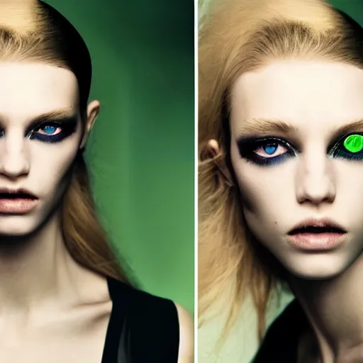 Image similar to photo of beautiful model with subtle green eye shadow, photo by annie leibovitz and mert and marcus, beauty campaign, photoshoot, closeup, real life skin, sharp focus