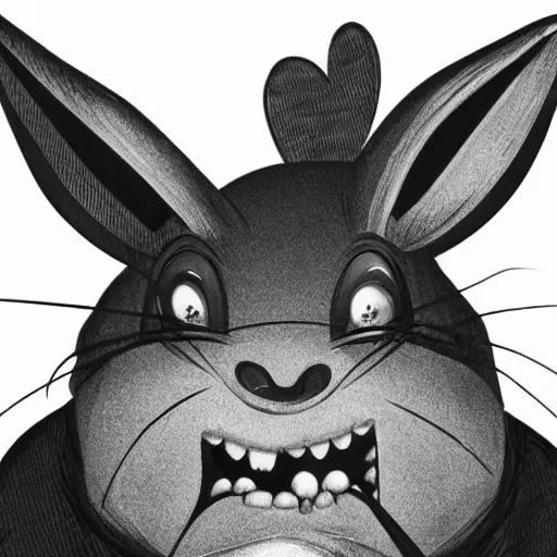 Image similar to A extremely highly detailed majestic hi-res beautiful, highly detailed head and shoulders portrait of a scary terrifying, horrifying, creepy black cartoon rabbit with scary big eyes, earing a shirt laughing, hey buddy, let's be friends, in the retro art style of Walt Disney