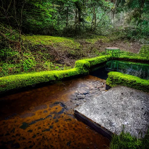 Image similar to photograph of liminal pool, sigma 3 0 mm, f / 2. 8, 8 k, high detail, synthwave, in nature, abandoned