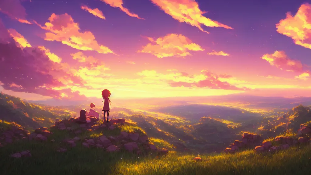 Prompt: a chocolate bar sat on the hillside and looked sky, dusk sky, beautiful sunset glow, large clouds, rich vivid colors, ambient lighting, dynamic lighting, official media, anime key visual, detailed, artwork by makoto shinkai, rossdraws.
