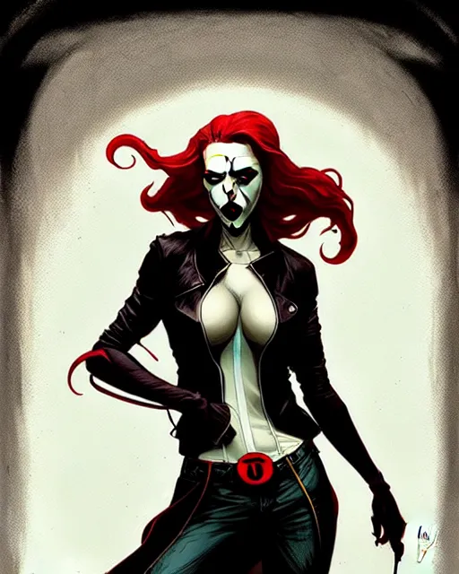 Image similar to rafael albuquerque comic art, art nouveau, peter mohrbacher, artgerm, pretty scarlett johansson vampire sharp vampire teeth open mouth, symmetrical eyes, black leather jacket, jeans, long blonde hair, full body