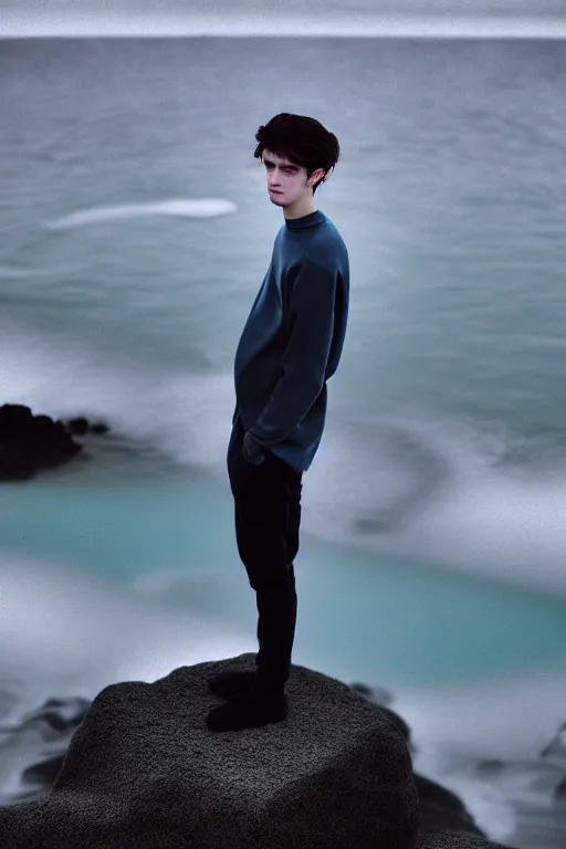 Prompt: high quality pastel coloured film mid angle docu photograph of a beautiful young 2 0 year old male, soft features, short black hair, extremely oversized!!! clothing!! next to icelandic black rock pool environment. atmospheric. three point light. photographic. art directed. ( pastel colours ). volumetric light. clearcoat. waves glitch. 8 k. filmic.